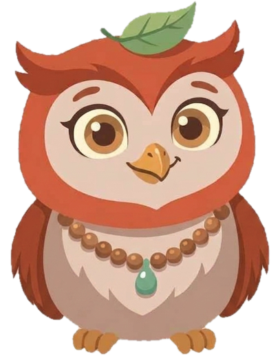Ollie the owl, with a green leaf on top of the head